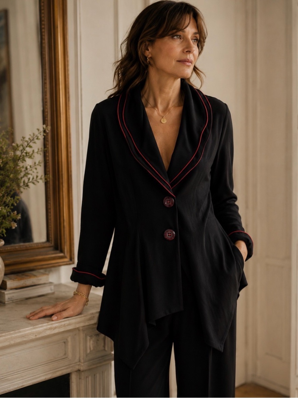 Joseph Ribkoff Black Statement Jacket with Red Piping